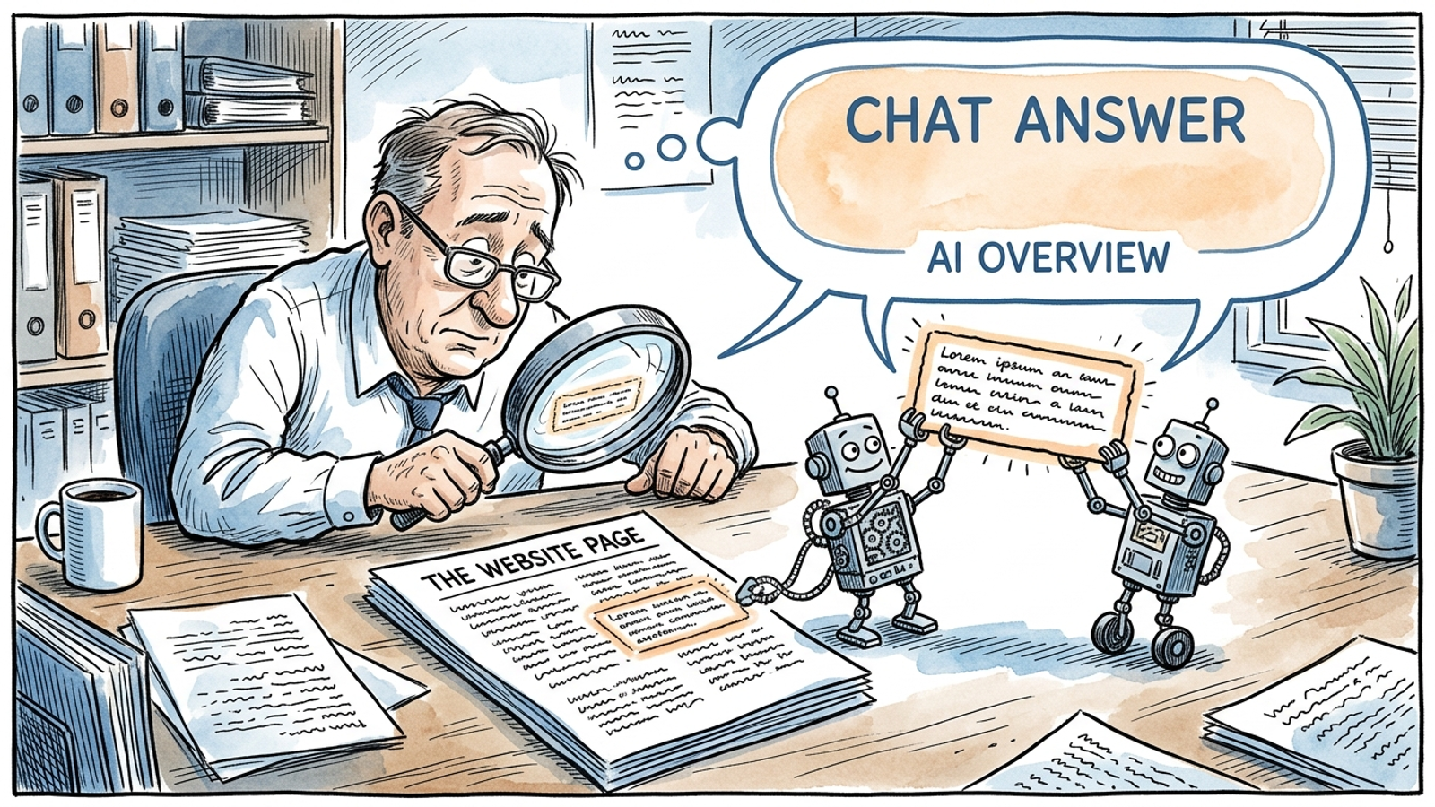 Manager highlights a clear answer paragraph while AI assistants quote it